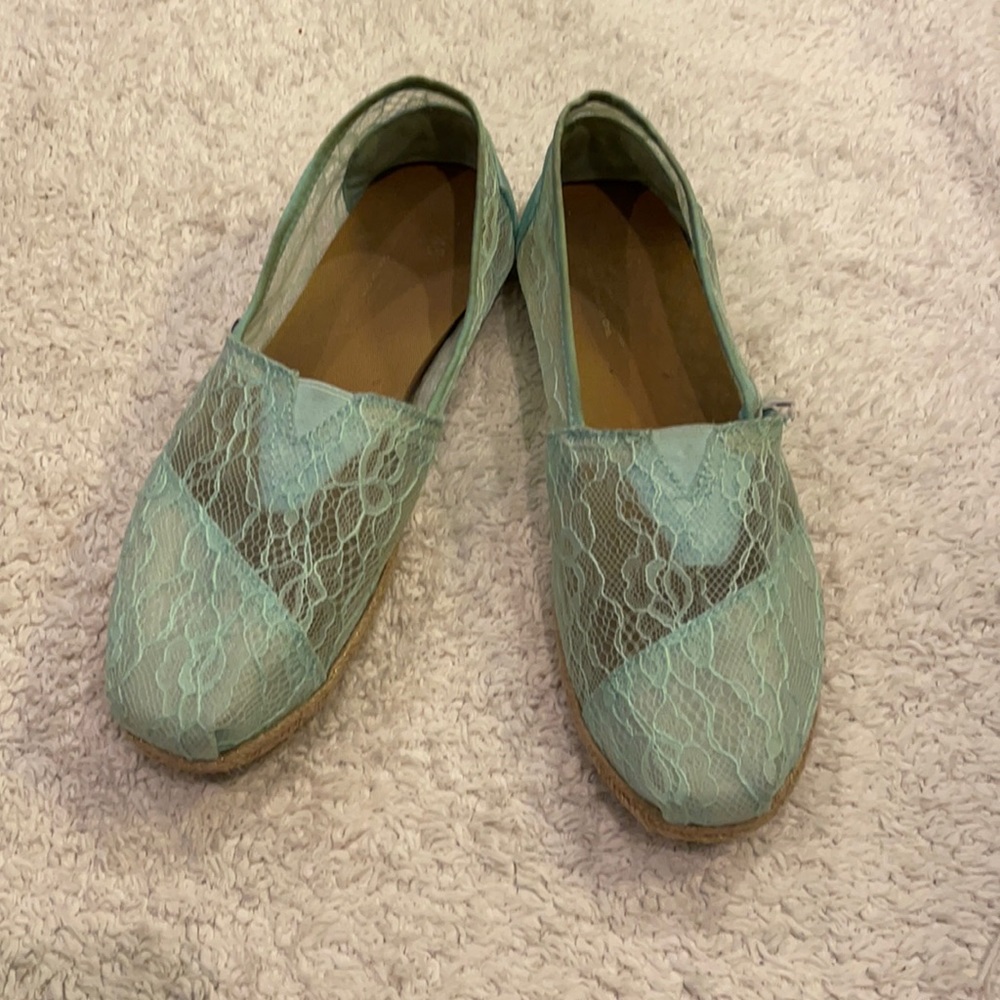 Toms sea foam green lace slip ons